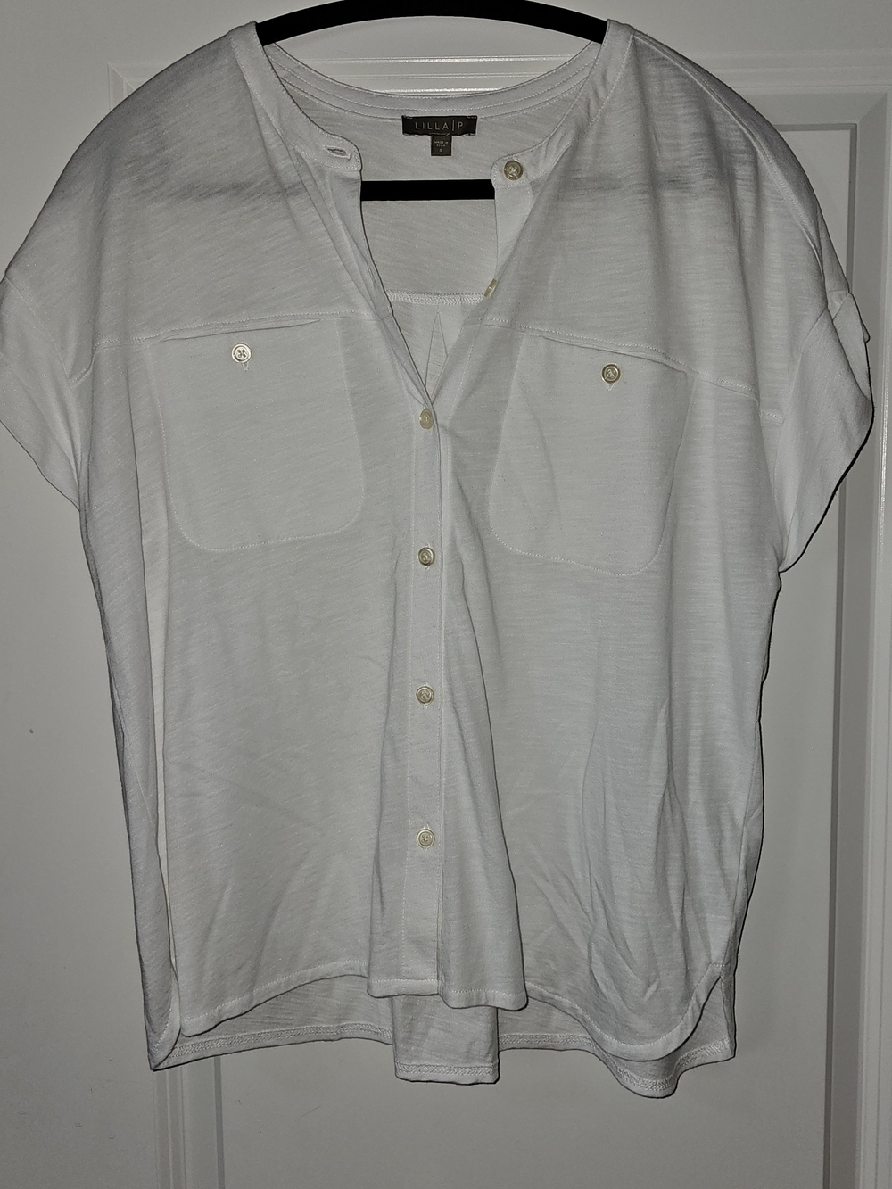 Lilla P White Flame Slub Cotton Short Sleeve Button Down Shirt Pocket Small
